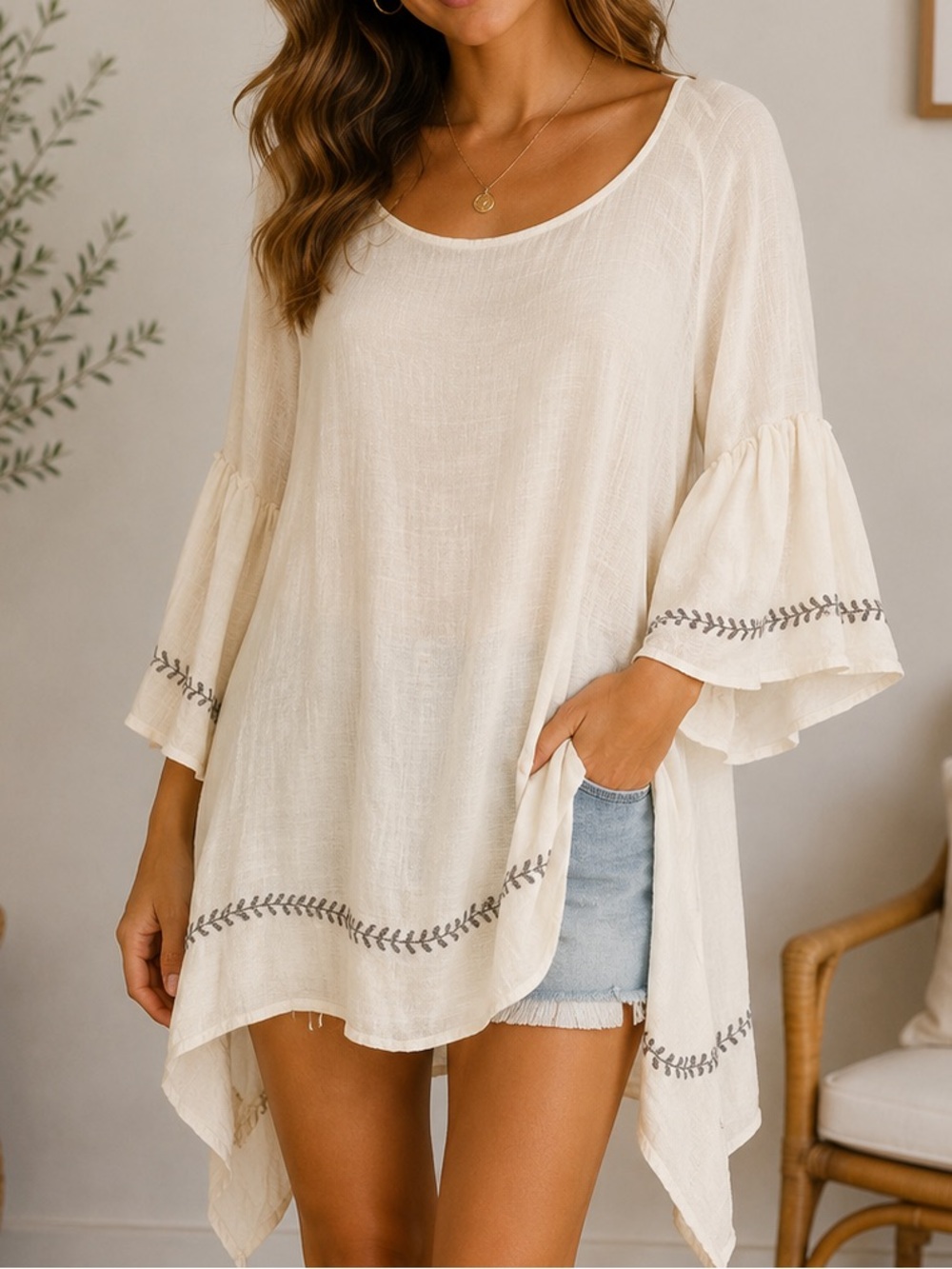 bohemian-style top is an ivory embroidered tunic small oh Gussie! Shark bite hem